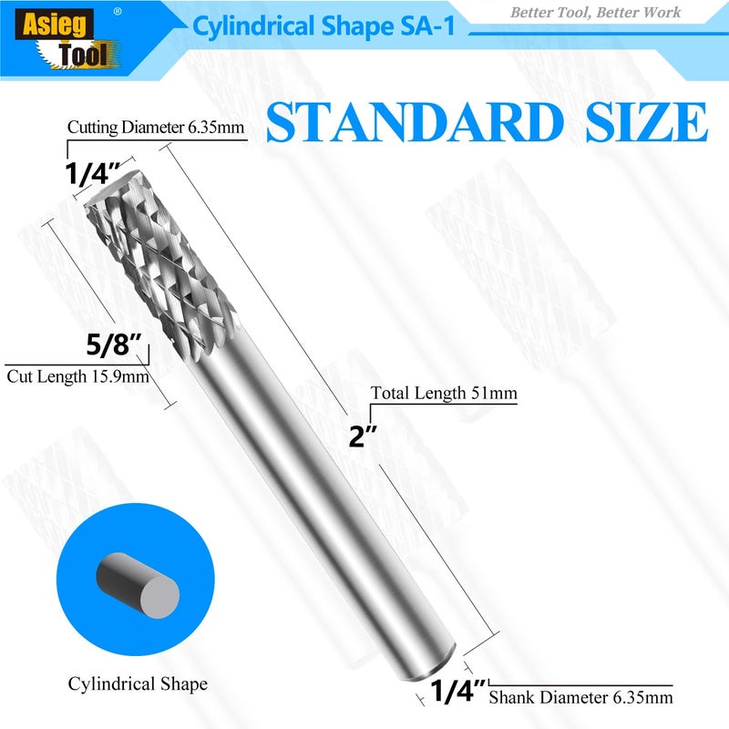 Asieg Tool SA-1 Solid Tungsten Carbide Burr Rotary File Cylindrical Shape Double Cut for Die Grinder Drill Bits 1/4'' Inch Diameter of Shank and Cutter 5/8'' Inch Cutter Length - Image 2